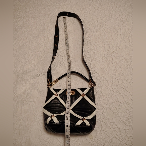 Black & White Cross-Strap Leather Shoulder Bag with Gold Accents - Picture 9 of 12